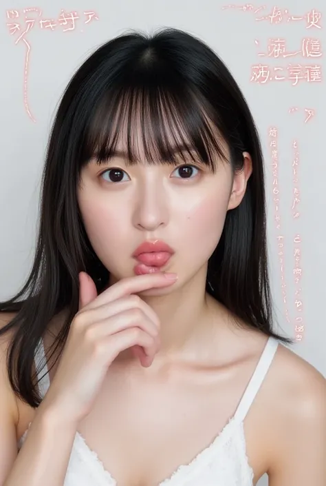  1 girl, solo, 大きなchest, chest,  black hair,  shortcut, Straight Hair,  shoulders with chocolate,  open your mouth, tongue, tongueを出す,  happy/joy,  food on his face , Smell, tongue出し, Bitter smile, chestの谷間が見える、 is eating、 eating deliciously 、 is wearing u...