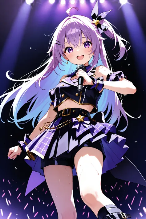  watches viewers，  high resolution，  girl，Rin々Funny face，sweat， eyes with highlights， black and purple idol costume ， black and purple pleated skirt ，   black shorts  ，Black Belt，  black knee-length socks ， black boots，  dancing with a microphone