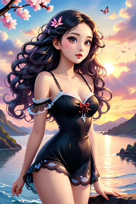 8K, ultra hd, masterpiece, hd colors, 1 girl, perfect face, very long curly hair, detailed eyes, simple clothing, gradient black clothing, stocking, lace, sardine, straps, net, loops, bare waist, jwellery, waterside, Realistic scenery, epic scenery, sun ri...