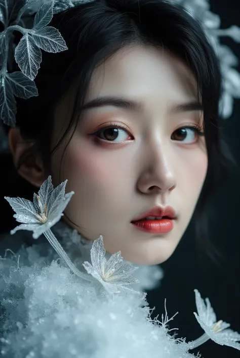 A close-up portrait of a Japanese woman with delicate facial features, featuring subtle signs of frost-like elements on her face and hair, her face surrounded by ice flowers, looking straight ahead, including small crystals embedded in the skin. The focus ...