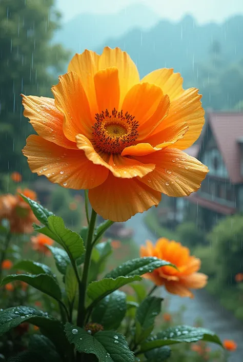 Make me a plant,  that it looks very pretty, That plant is miraculous and has caused it to rain in an entire town, Let that plant be orange, a normal flowering plant 