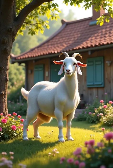 Create a hyper realistic image a beautiful day white goat standing in the yard of village house