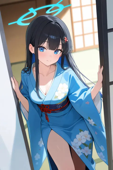 1 girl, Hair length reaches the back, Black hair and blue on the edges of the hair, blue eyes, but not bright, wear a sexy kimono outfit, หน้าอกไซส์ปานกลาง, have a blue halo