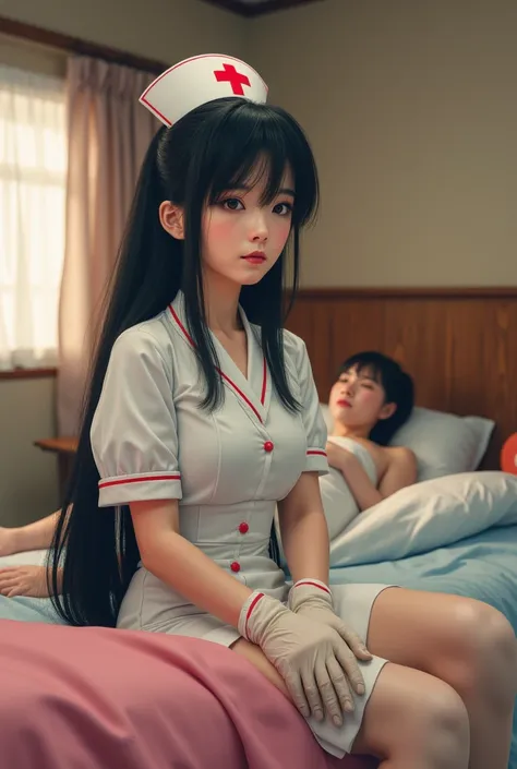 masterpiece, best quality , Reality, Main, Perfect composition, very beautiful, absurd, very detailed , (japanese nurse), wearing gloves and the nurse cap， wears nurse, ( Highly detailed detail ) ，Hot young girl， black hair, she sitting on a penis，patient ...