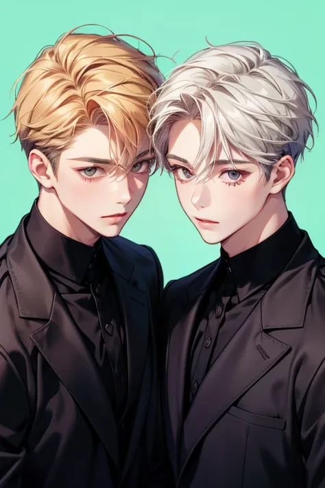 twin boys, wearing matching black clothes, looking at the viewer, bright background, (face details, eye details, body details), (make a good quality image), (make a 4-dimensional image). (masterpiece)