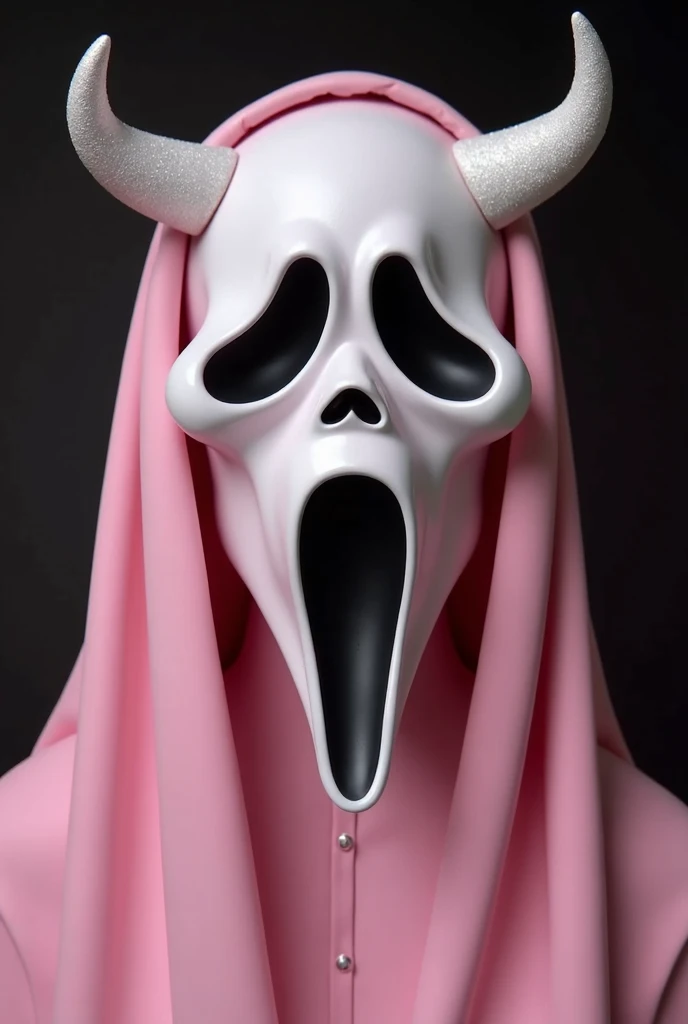 Ghost face is predicted from the movie scream, face should be pastel pink and a darker shade of pink by the cheek bones. Must have eyelashes. and pink glittery Horns. Eye sockets and mouth should be pink and and white glitter. And pink robe. Make it look g...