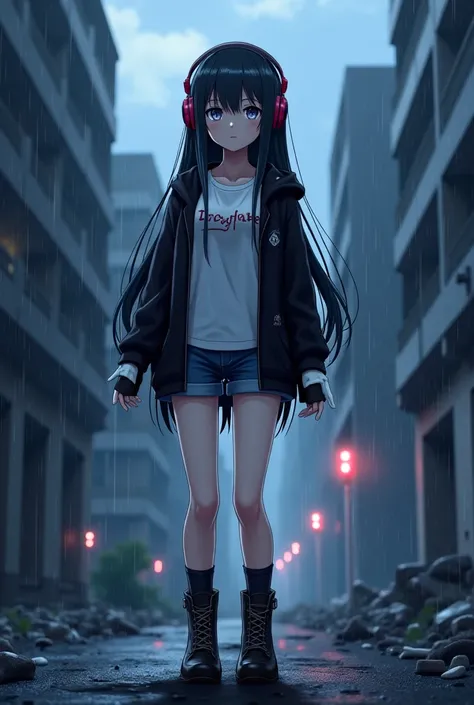 Anime girl with long black hair and white eyes, wearing black headphones, wearing a white t-shirt with a black hoodie, wearing white gloves, wearing short jeans, wearing long socks, wearing black combat boots, standing in a ruined city at night with rain.