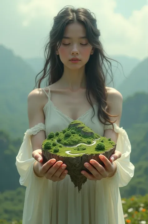 Draw a girl holding an island with her hands