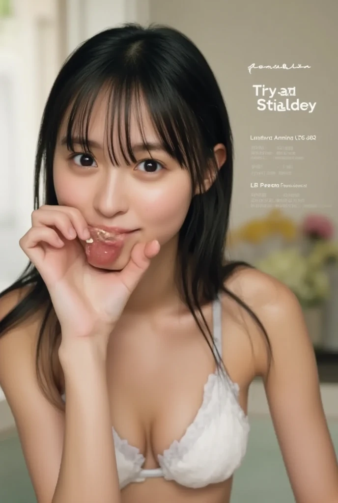  1 girl, solo, 大きなchest, chest,  black hair,  shortcut, Straight Hair,  shoulders with chocolate,  open your mouth, tongue, tongueを出す,  happy/joy,  food on his face , Smell, tongue出し, Bitter smile, chestの谷間が見える、 is eating、 eating deliciously 、 is wearing u...