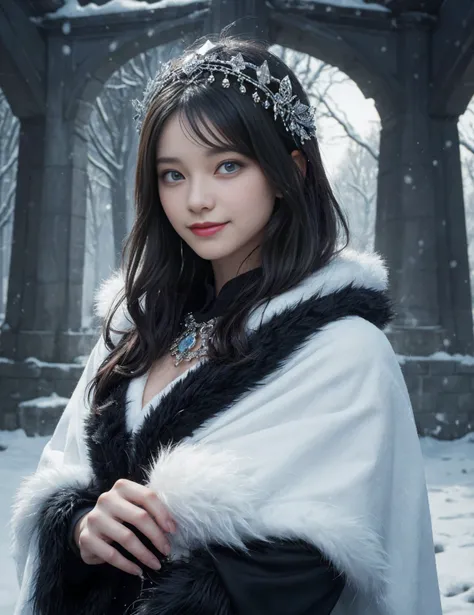 darkness cool girl,(blue wave hair),(glowing light blue eyes),(wearing black wizard  Winter armor and Intricate White and crystal headdress on her head and bWhite cloak 1.5),(fur Grove in her hand 1.5 ),( Fearless smile 1.2),(snowy fantasy town background)...