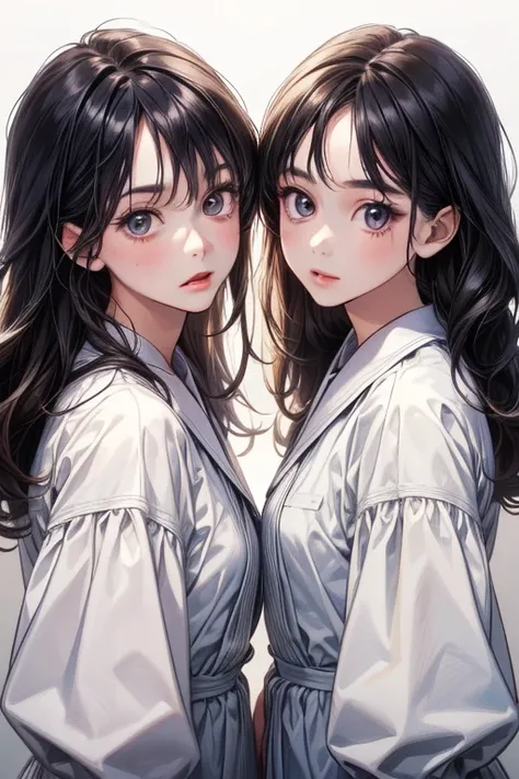 twin girls, wearing matching white clothes, looking at the viewer, bright background, (face details, eye details, body details), (make a good quality image), (make a 4-dimensional image). (masterpiece)