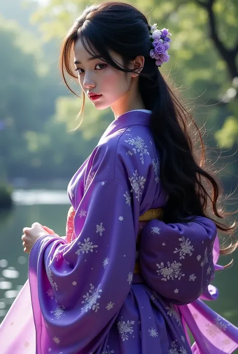 A girl with long hair and a purple Japanese dress