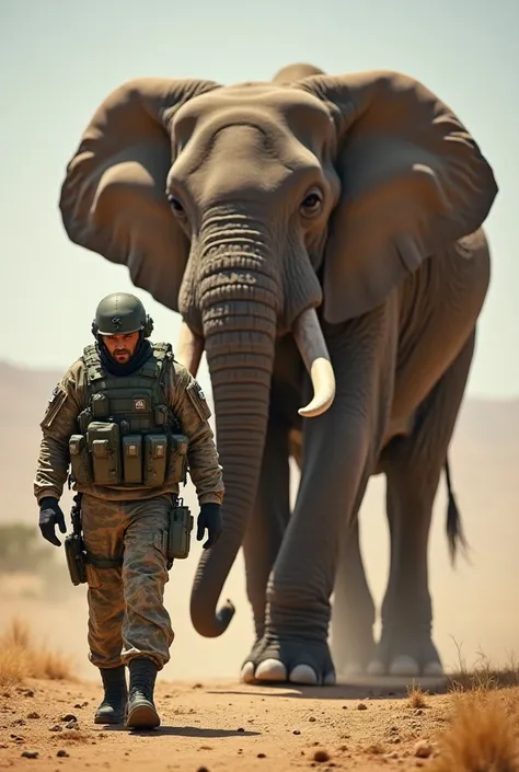 A man dressed as an elite soldier walks alongside a huge giant elephant 