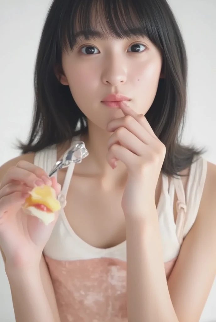  1 girl, solo, 大きなchest, chest,  black hair,  shortcut, Straight Hair,  shoulders with chocolate,  open your mouth, tongue, tongueを出す,  happy/joy,  food on his face , Smell, tongue出し, Bitter smile, chestの谷間が見える、 is eating、 eating deliciously 、 is wearing u...