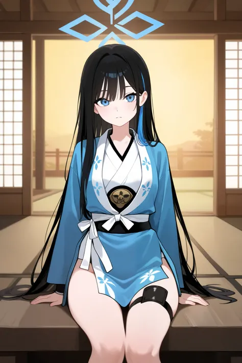 1 girl, Hair length reaches the back, Black hair and blue on the edges of the hair, blue eyes, but not bright, wear a sexy samurai outfit, หน้าอกไซส์ปานกลาง, have a blue halo