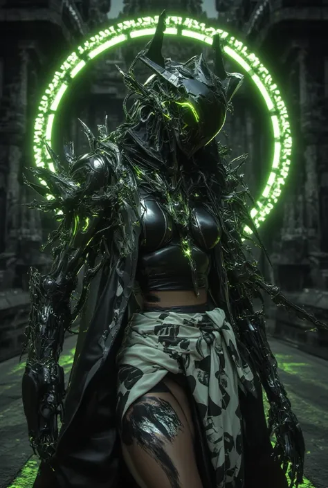 visual cinematic illusion of a beautiful woman cyberpunk mecha robotic costume elite green wearing spooky mask indonesian god melted shabby sundanese god sarong black white checkered motif sarong greek gladiator armor and sword armor futuristic with grippi...