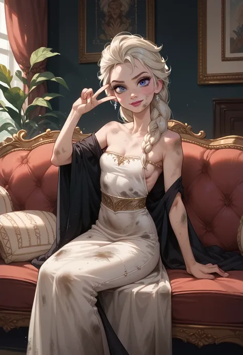 Elsa sitting on a couch looking at the viewer, apocalypse atmosphere,end of days,Elsa looks hungry,very skinny,outfit,hung 10 hand sign,old,toren,dirty,clothing,boob tube,long dress. 