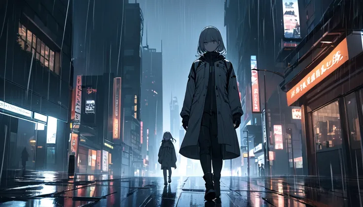 Android, emotionless expression, walking slowly, Cityscape, rainy and grey, Low-angle shot, ambient lighting, loneliness