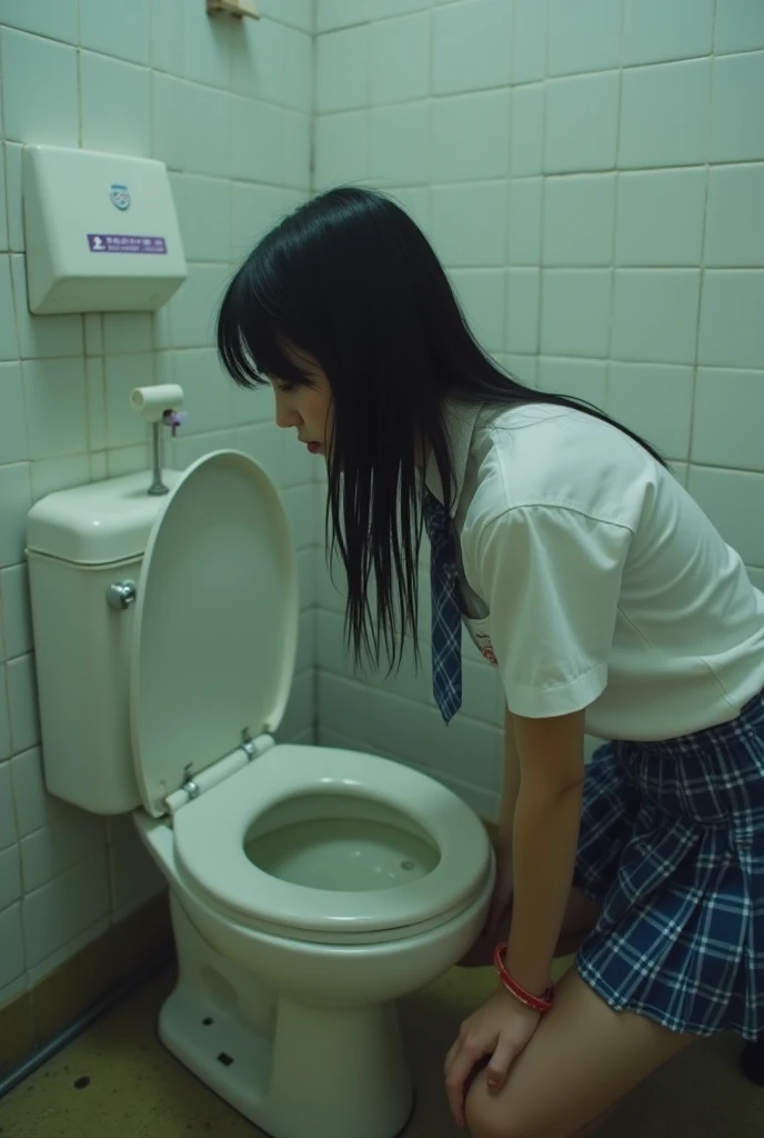 The location is a dirty public toilet。
young Japanese woman
The hairstyle is black, straight, and slightly wet 。
 The outfit is a white short-sleeved shirt, a small blue and white plaid tie, 、 is wearing a blue and white plaid pleated skirt and a red dog c...