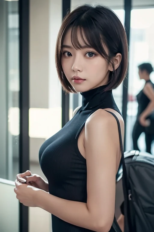  cyberpunk edgerunners,  1 girl,  ( cyberpunk),  shoulder out, blue eyes, chest,  leotard,  stares at viewers, medium chest,  off shoulderジャケット,   off shoulder ,  red eyeliner ,  short hair while on a business trip, sleeveless turtleneck  leotard, Alone, t...