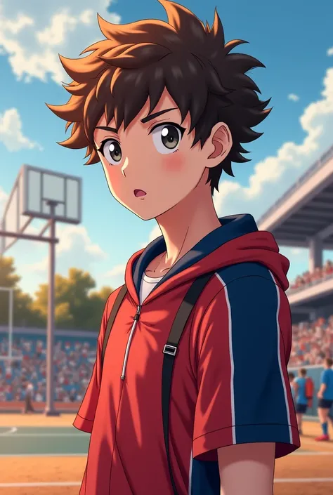 Make a curly brown-haired , gray eyes, Fair skin with the Haikyu anime graphics, preferably on Kenma's side