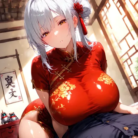 masterpiece, (((( best quality )))),1 girl, Japanese Anime ,,shiny skin, red china dress, silver hair,Half twin hair ,big breasts,Ride a robot