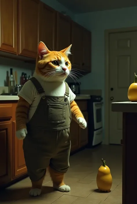 A yellow and white anthropomorphic cat, dressed in herringbone Decks overalls, steps into a dimly lit home. 
The husband slowly approaches, his eyes narrowing as he notices the strange object on the counter. The kitchen, which should feel warm and familiar...