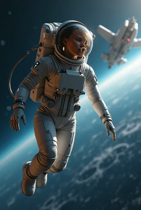 photo real, natural light, beautiful astronaut in space suit flying through the air with a spaceship in the background, cgsociety contest winner, space art, very beautiful woman in spacesuit, in gloves, space soldier on mars with a gun, interstellar space ...