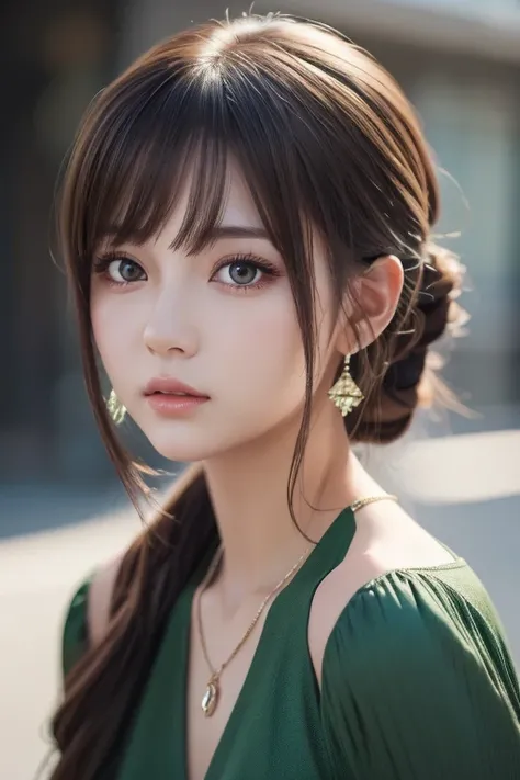  close-up of a woman in a green dress and necklace,  Gwyse Style Painting ,  Realistic Anime 3D Style , BEAUTIFUL ANIME STYLE PORTRAIT ,  ANIME REALISM STYLE ,  detailed portrait of an anime girl, Beautiful Portraits, Jan J,  Stunning Anime Face Portraits ...