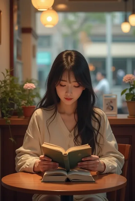 Picture a pretty Asian girl reading a book at a cafe