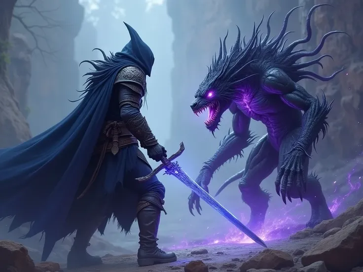 A warrior with a dark blue cloak and wearing a light armor of leather and enforced with black metal plating and a single handed sword dark blue sword, fighting a creature made of black skin and dark purple energies that looks like sabretooth 