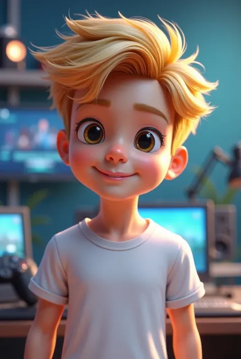 I want a 3D gamer boy with blond hair wearing a white shirt 