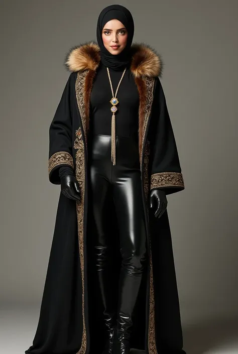 A beautiful woman wears a stylish turtleneck paired with sleek, tight latex pants. Over the turtleneck, she drapes a long, elegantly gold-designed, open Kloosh black cotton abaya adorned with stone embellishments. A luxurious woolen fur scarf is wrapped ar...