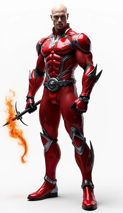 (photorealism:1.2), full full Body photorealistic an Handsome hunky slender man hero. His suit should be red and silver metallic micro scales textured spandex.with gloves and belt and futuristic mage design. He's holding a magical Fire staff. Background sh...