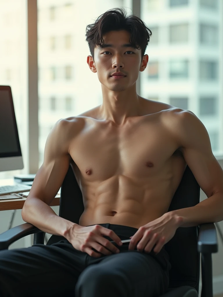 a young, sexy Japanese boy (ages 20-25 years old) with lean muscle with nice and beautiful six-pack abs. He sitting in the office chair in side the working office with bright light. 