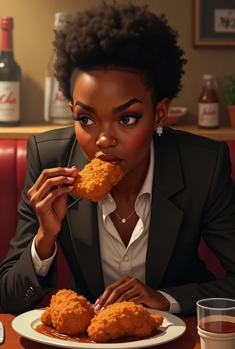 black person eating chicken