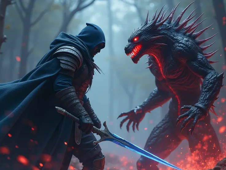 A warrior with a dark blue cloak and wearing a light armor of leather and enforced with black metal plating and a single handed sword dark blue sword, fighting a creature made of black skin and dark red energies that looks like sabretooth 