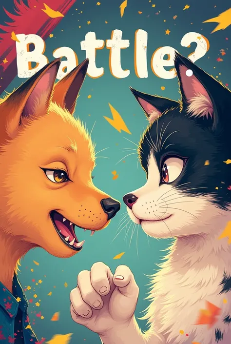 (masterpiece,top quality:1.2),a dog gazing a cat,focus on their face,close-up face,they  gazing each other,text"Battle？",top space says"Battle?",details of face,cute illustration, strong color,stylish anime,background blur,shading and contrast,minimalism,n...