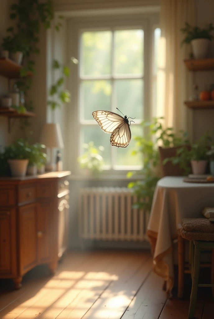 A white butterfly enters the house