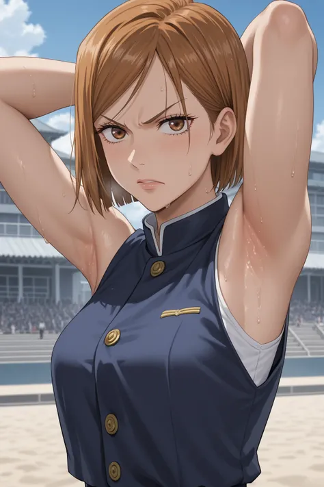 8k, ultra_quality, jujutsu kaisen, kugisaki nobara, jujutsu uniform, sexy, sleeveless, best_quality, masterpiece, detailed_outfit, girl, woman, beautiful, short hair, brown hair, anime, upper_body, looking_at_viewer, arm_up, one_arm_up, arm_behind_head, ar...