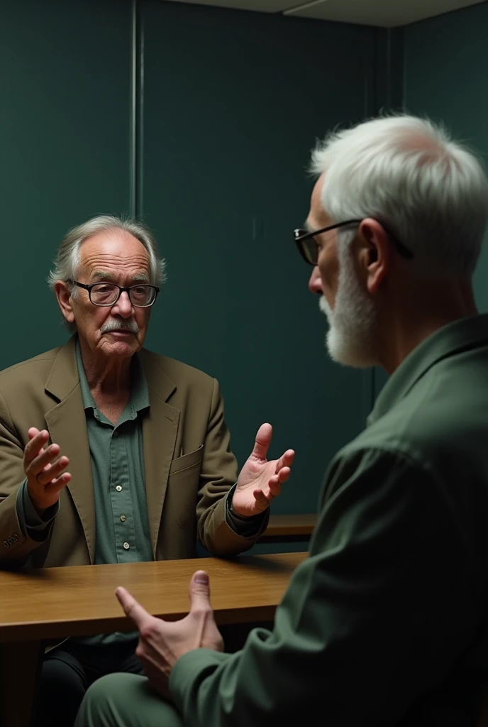 Teacher offering advice: A calm prison room where Rajoo is listening intently to an older man with glasses, who is speaking kindly. The teacher's hands are open, as if offering wisdom, while Rajoo absorbs the lessons about life and redemption