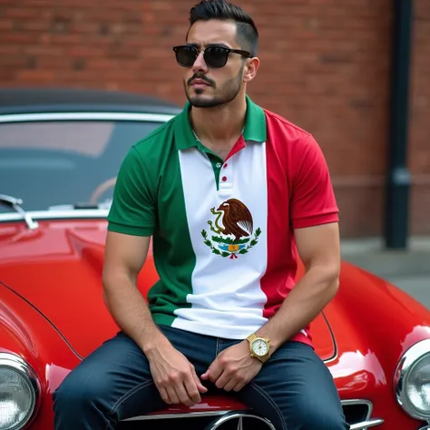  man 30 years old ,  polo shirt with the Mexican flag ,  sitting on the hood of a red Mercedes Benz car, Wear dark glasses brand Carrera ,  gold watch on his wrist , brick wall in the background 