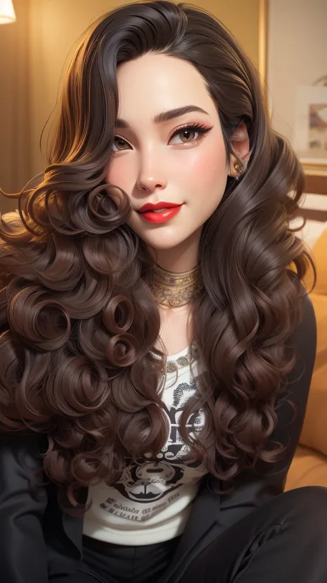 arafed woman with long curly hair and red lipstick sitting on a bed, long messy curly hair, with long curly hair, long dark curly hair, with long curly, curly dark hair, long curly hair, curly long hair, messy curly hair, curly haired, curly hair, curly, n...