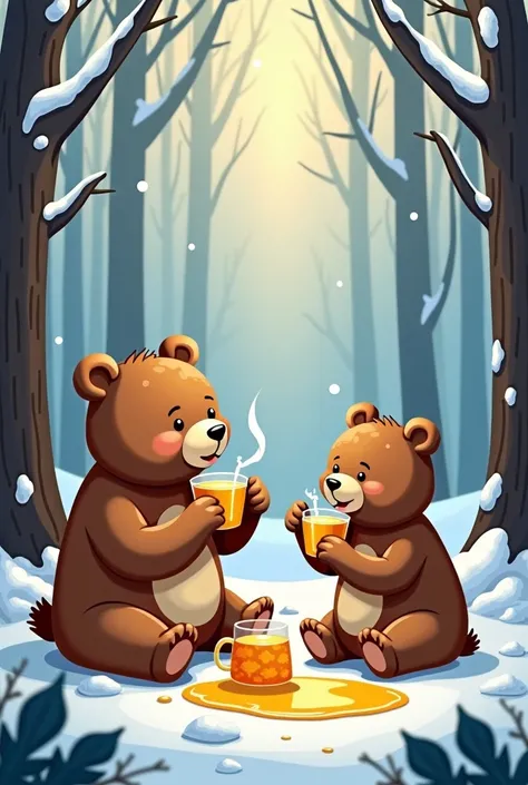 The bear is drinking warm tea while licking honey with his friends in a cold snowy forest。