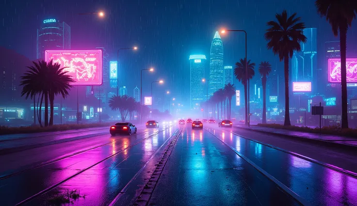 very-low-angle first-person view from seated position, midnight highway, heavy rain,  
neon-lit retro cityscape, synthwave traffic passing by at high speed,  
perspective as if sitting in an invisible car, raindrops sliding down screen edges,  
wet asphalt...
