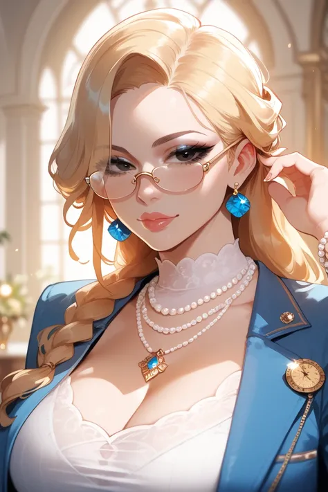 Sexy woman milf topic,  black eyes ,  long blond hair, wearing an elegant bright blue jacket,  White Shirt,  pearl necklace , gold watch on the wrist and lenses.