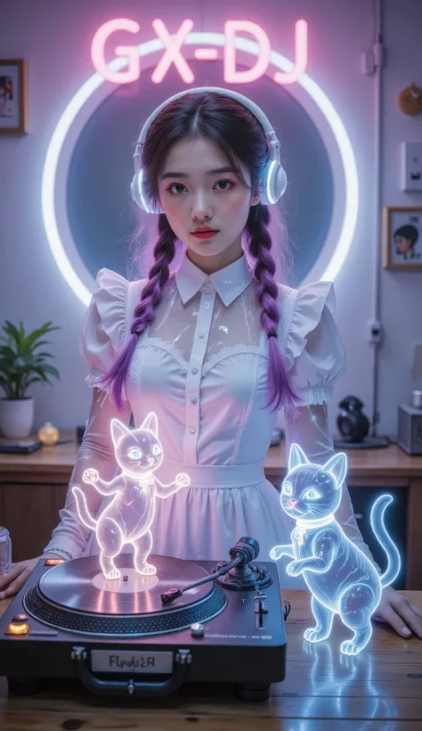 Full Color, (transparency:2.0), Girl's body faces the audience ,She wears light-emitting headphones🎧, wearing a maid costume on the bench,The background wall has a glowing aperture,Close shot,
rest Ultra-realism, Detailed Realistic Skin Textures , det...