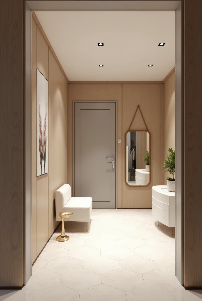 PROFESSIONAL 3D PERSPECTIVE RENDERING OF THE DESIGN OF THE ENTRANCE SPACE OF A VERY LUXURIOUS AND EXPENSIVE APARTMENT AND THE FLOOR OF THIS SPACE IS HEXAGONAL AND THE ENTRANCE OF THE APARTMENT OPENS TO THIS SPACE IN A VERY MODERN AND VERY MINIMAL STYLE AND...