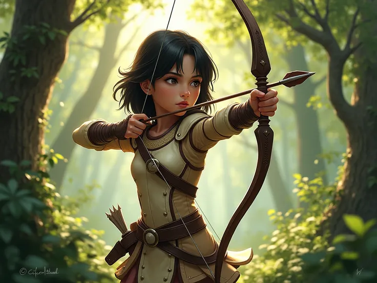 An archer girl with black short hair wearing a light leather aecher armor, taking aim shooting an arrow