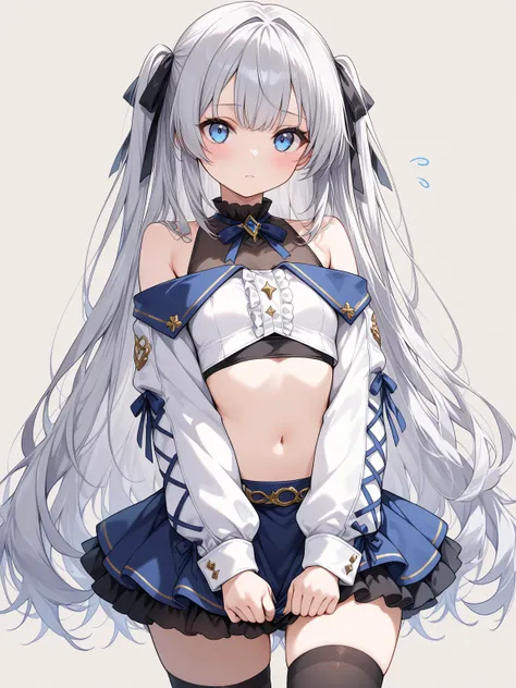 ((masterpiece, best quality, extremely detailed)), 1girl, silver hair, very long hair, blue eyes, petite, cropped shirt, frills, sleeveless, skirt, off-shoulder jacket, hair ribbon, black thighhighs,, looking at viewer, cowboy shot, no cropping, simple bac...